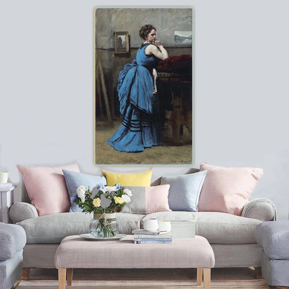 Citon Jean Baptiste Camille Corot《Lady in Blue》Canvas Art Oil painting Artwork Poster Picture Wall Decor Home Decoration