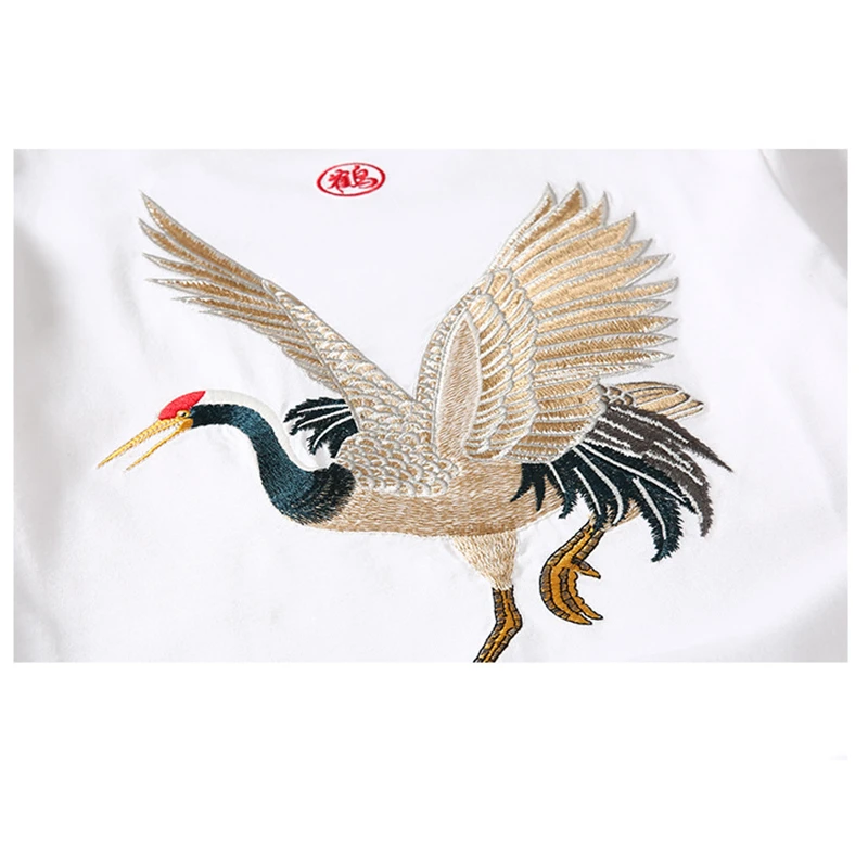 Lyprerazy Streetwear Chinese Japan Style Red-crowned crane TShirts Mens Short Sleeve T-shirts Hip Hop Embroidery Tees