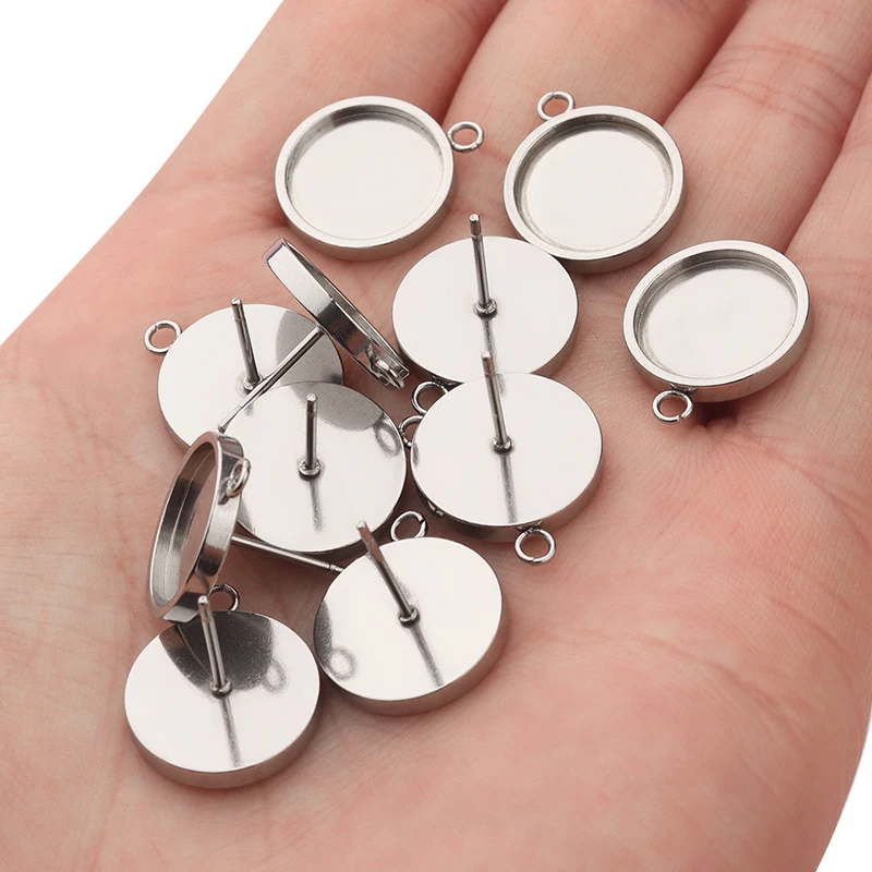 20pcs Stainless Steel 6/8/10/12mm Inner Round Blank Tray with 11mm Post Loop Ear Studs Base For DIY Jewelry Making Accessories