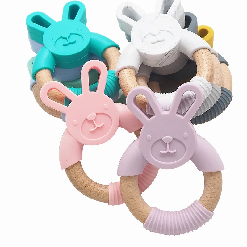 Chenkai 10PCS Rabbit Silicone Wooden Teether Baby Animal Teether For DIY Baby Nursing Chewing Teether Chain Pendant Necklace Toy