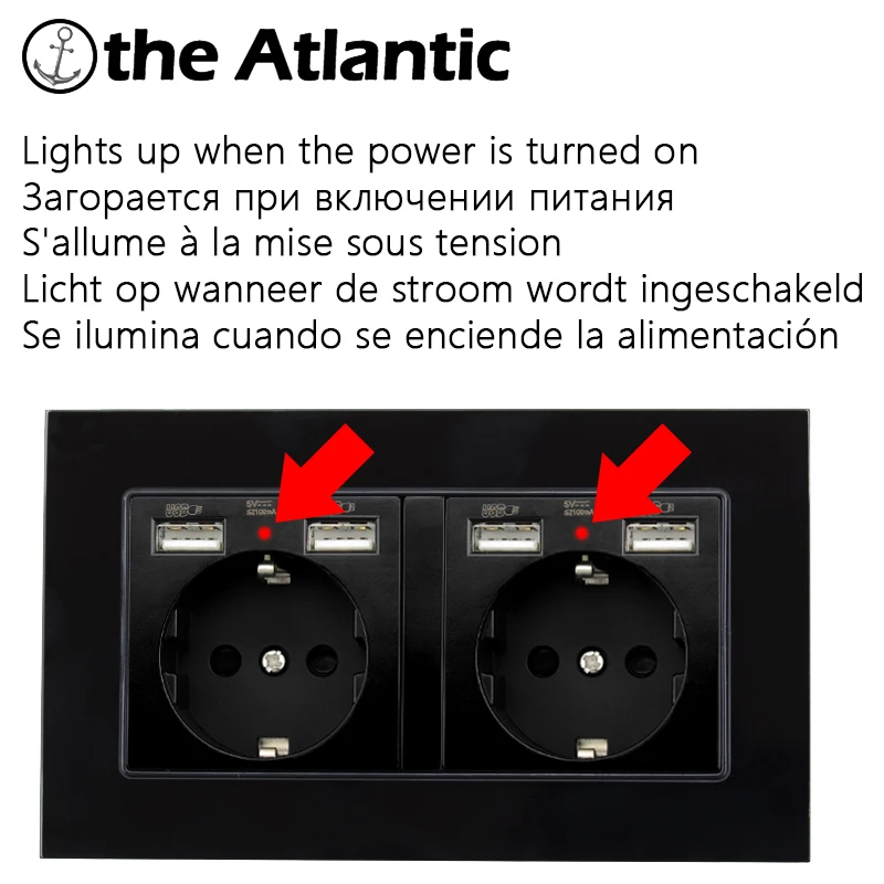 EU DE Atlectric Russia Spain Power Wall Socket Dual USB Charging Port LED Indicator Tempered Black Glass Frame 16A 146 Type