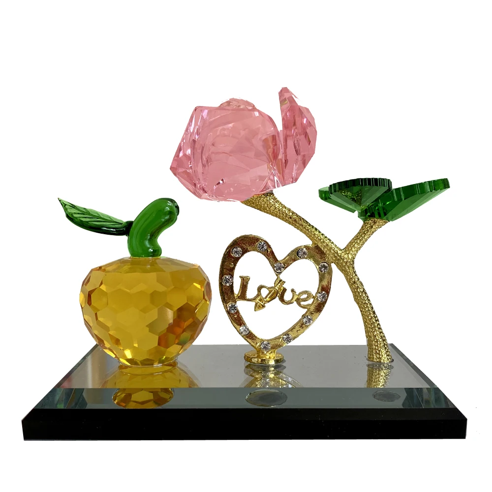 Handmade Crystal Pink Rose Flower Figurine with Glass Apple 'I Love You' Car Ornament - Wedding Home Decor Romantic Love Statue