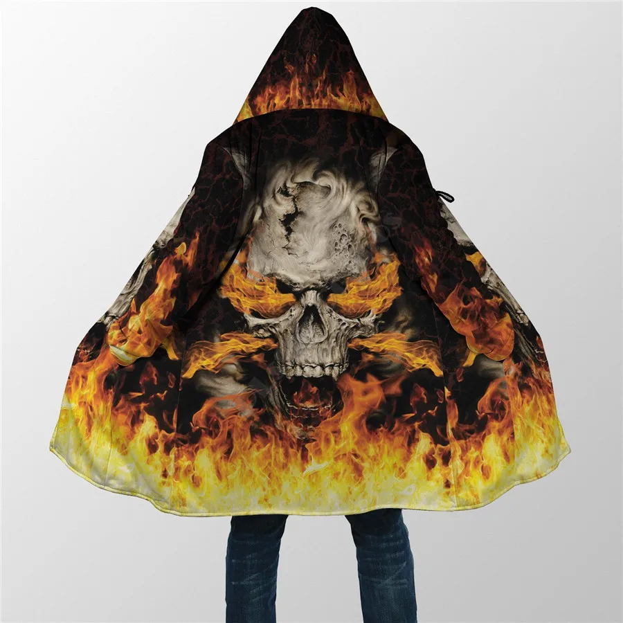 Winter Men For Women Skulls On Fire Coat Cloak 3D Printed Cloak Fleece Wind breaker Warm Hood Cloak