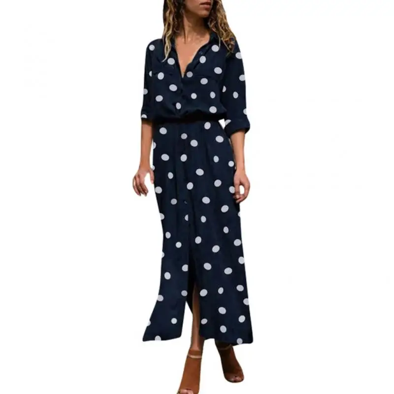 New Fashion Women Summer Dot Print Long Sleeve Button Long Dress Party Beach Dress Dresses For Women Casual Elegant