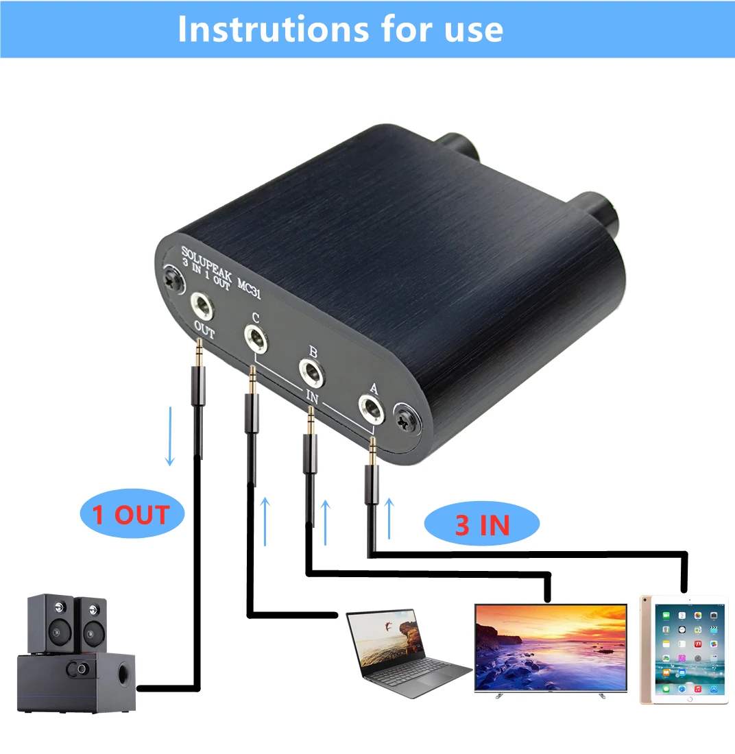 3.5mm Audio Switch with line Volume Controller, 3 In 1 Out 1/8\