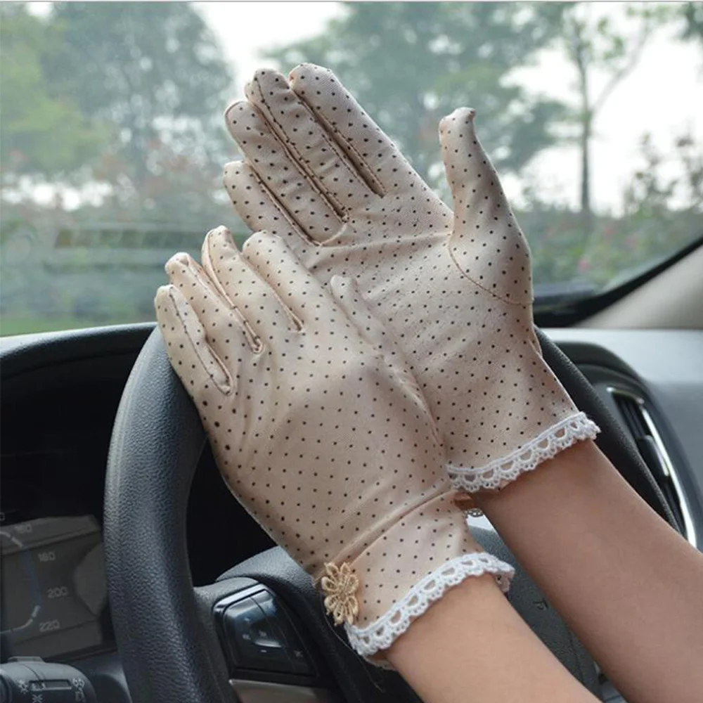 Guantes de retazos de encaje para mujer, protección solar antideslizante, guantes finos cortos de conducción, guantes de etiqueta de punto, moda de