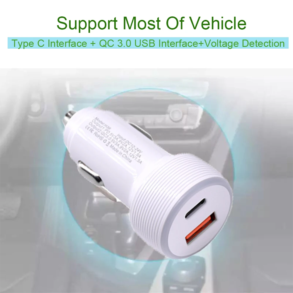 1PCS Type C Car Chager USB C Adapter Vehicle Fast Chargers Multi Voltage QC 3.0 Quick Charging PD Smart Charger With Night Light