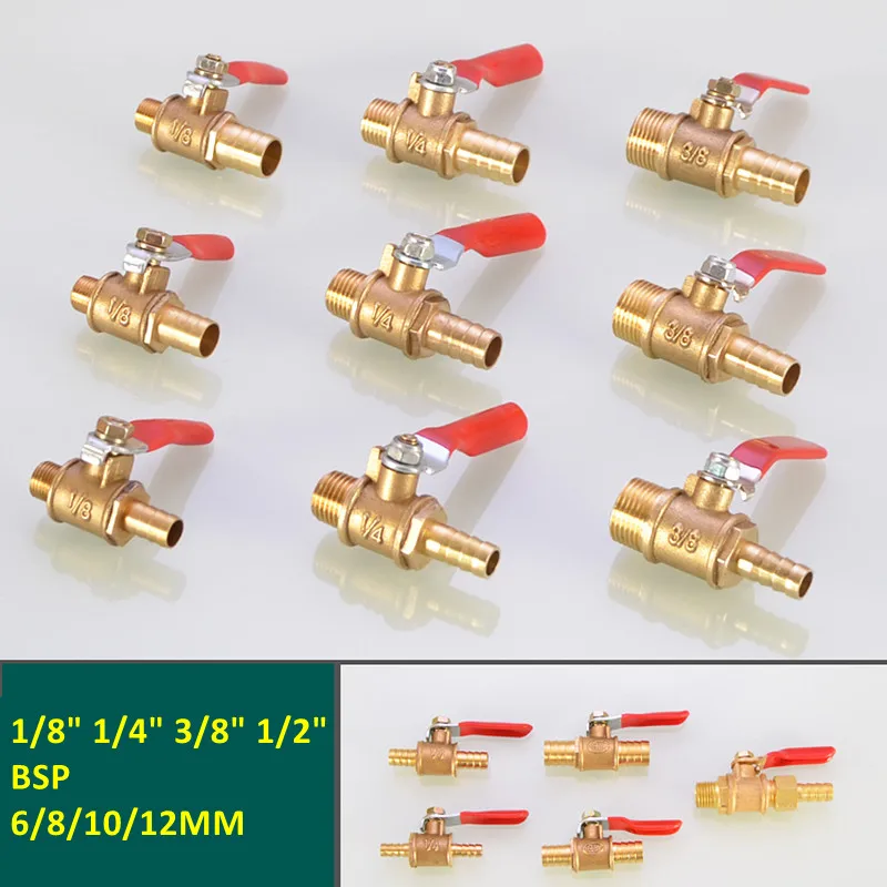 Brass Water Oil Air Gas Fuel Line Shutoff Ball Valve Pipe Fittings Pneumatic Connector Controller Handle 6-12MM Hose Barb Inline
