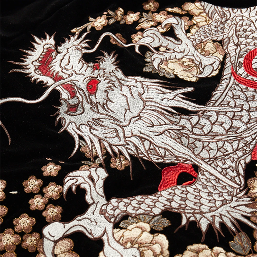 Chłopiec Mężczyźni Sukajan Souvenir Jackets Coiled Dragon Peony Embroidered Loose Coats Hip Hop Streetwear Red Black Stripe High Street — zdjęcie 7