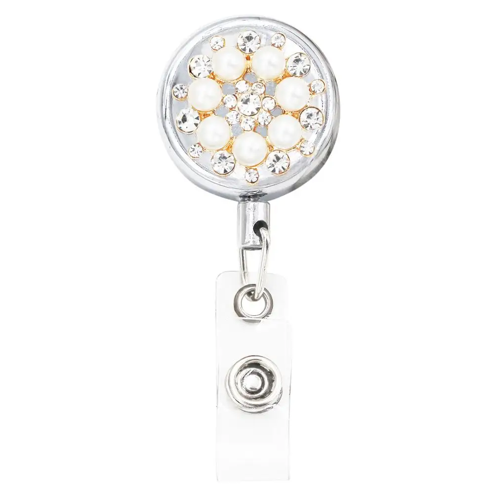 Bling Flowers Pearl Badge Reel ID Retractable Badge Holder Belt Clips Metal Heavy Duty Steel Wire Cord 3 Pack image 5