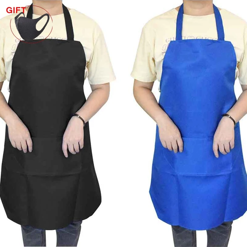 Kitchen Apron Pure Color with Double Pocket for Home Cleaning Washing Helper Cotton Polyester for Woman Men Cooking Apron