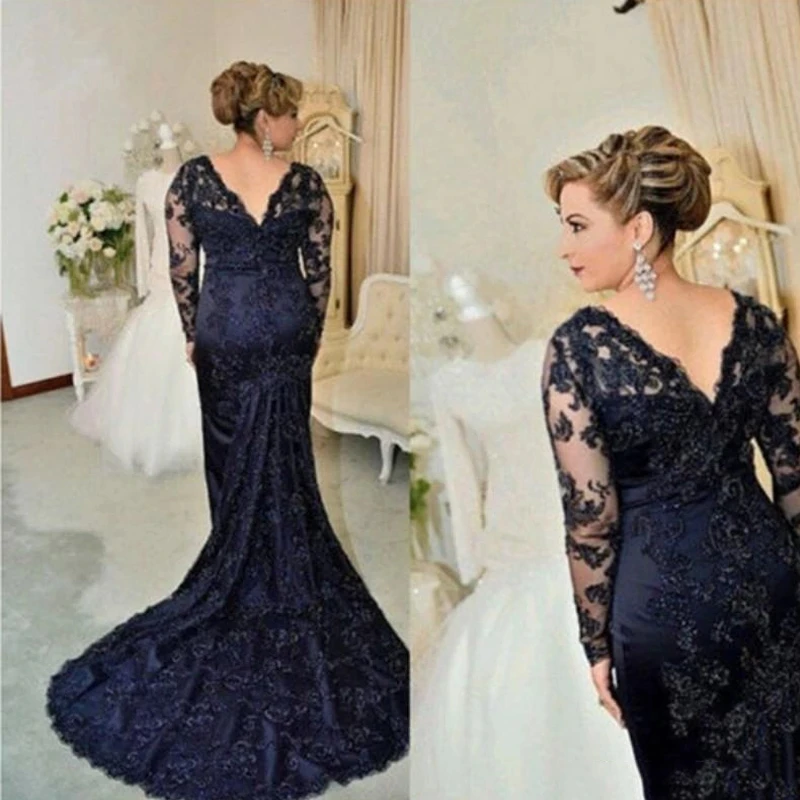 2021 Navy Blue Lace Mother of the Bride Dresse Elegant V-Neck Long Sleeve Mermaid Mother of the Groom Wedding Guest Gowns