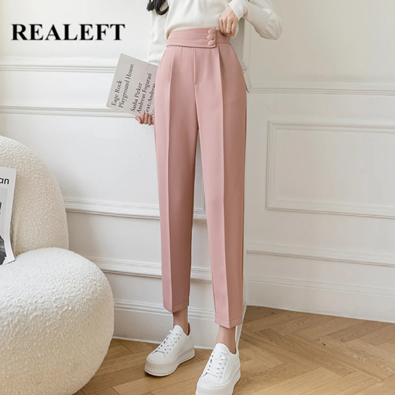 

REALEFT 2021 New Autumn Pink Formal Women's Harem Pants Elegant Buttons High Waist Casual Workwear Chic Trousers Female Spring