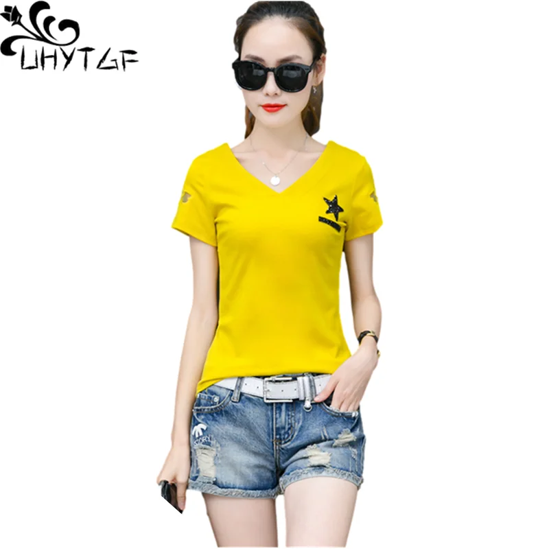 UHYTGF Short-Sleeved T-Shirt Women Korean Fashion V-Neck Pullover Slim Summer Tops Female Clothes Elegant Big Size T-Shirt 2050