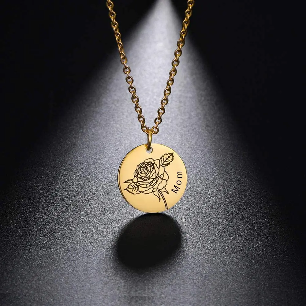 

Customize Personalized Birth Month Flower Name Necklace Stainless Steel for Women Girl Kids Jewelry Disc Charm Pendant