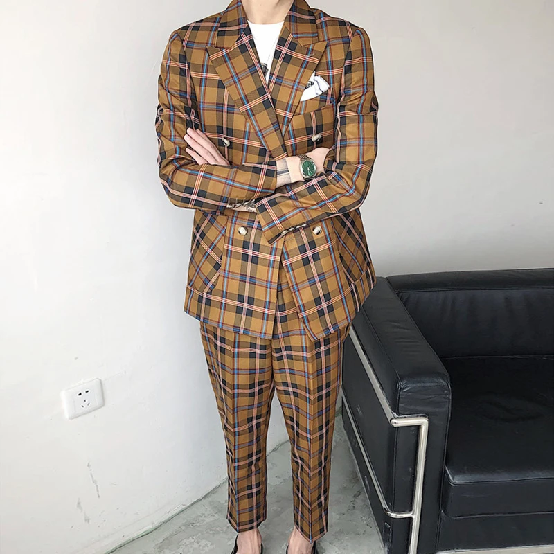 

Suit Hairstylist Plaid Fashion Smoking Homme Mariage Trajes De Hombre Spring Summer Plaid Double-breasted Suit Men Handsome Suit