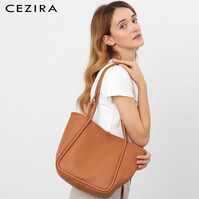 CEZIRA Women Daily PU Leather Shoulder Bags Replaceable Straps Soft Large Tote Handbag Female Casual Crossbody Hobo Basket Purse