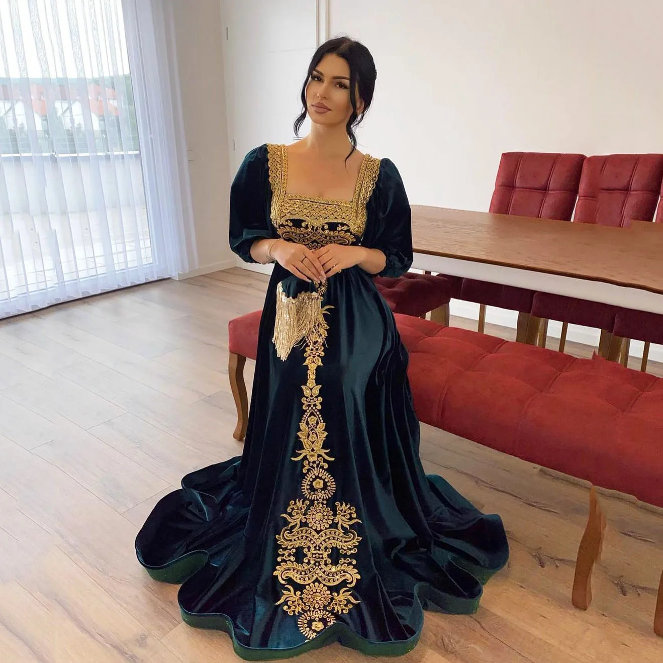 SoDigne Green Moroccan Kaftan Caftan Muslim Evening Dresses A-line U Neck Short Sleeves Appliques Arabic Islamic Prom Gown