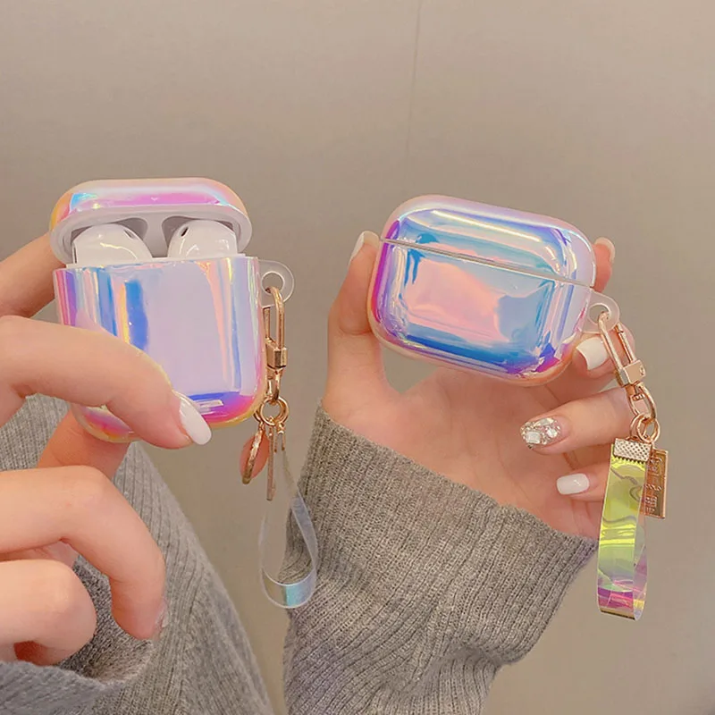 Luksusowe Gradient Laser TPU miękkie słuchawki Case dla apple airpods pro 3 zestaw słuchawkowy pokrywa dla AirPods 2/1 Shell Box Pearl Gem Key Ring
