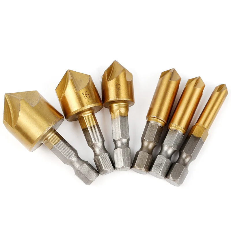 6Pcs 6mm-19mm countersink drill bit 1/4 inch hex shank 5-flute countersunk 90 degree wood metal chamfering tool chamfering knife