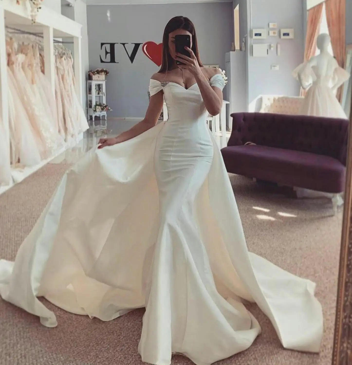 Vestidos de novia de sirena de satén, vestidos de novia con tren desmontable de Sudáfrica, baratos, con cuentas y hombros descubiertos