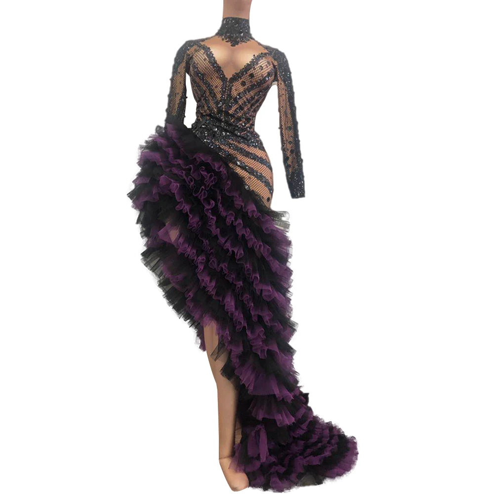 European Court Asymmetric Crystal Mesh Tiered Dress Women Rhinestone Party Evening Long Dress Singer Latin Dance Stage Costumes