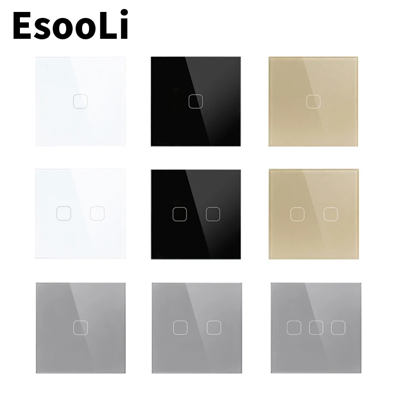 EsooLi Wall Touch Sensor Switch,EU/UK  Standard Light Switch,Crystal Glass Switch Power,1/2/3 Gang 1 Way,AC220,Light Wall Touch