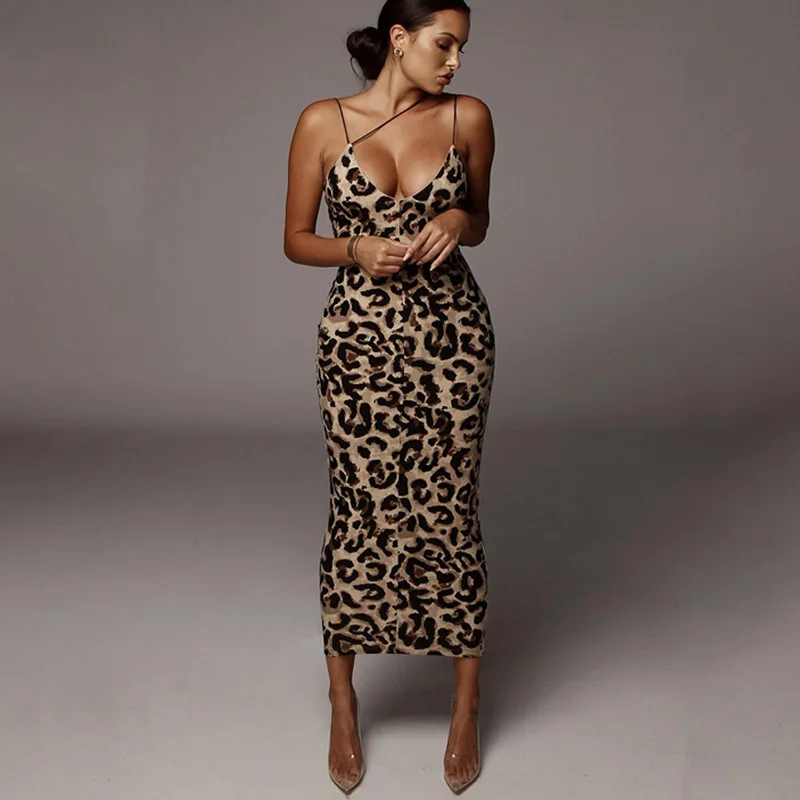 Vestido midi sin mangas con estampado de leopardo para mujer, traje sexy con cuello en V, ropa de calle a la moda para fiesta de Navidad, Primavera, 2024