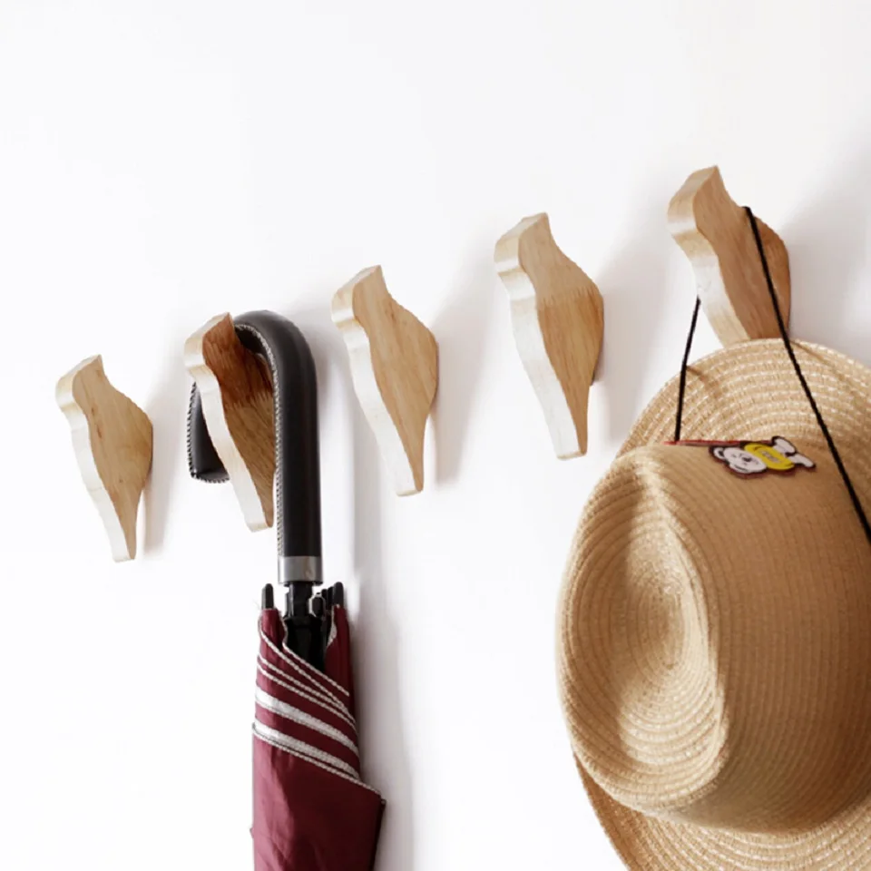 Creative Wood Bird Clothes and Caps, Log Clothes Hanger, Wall Decorative Hook