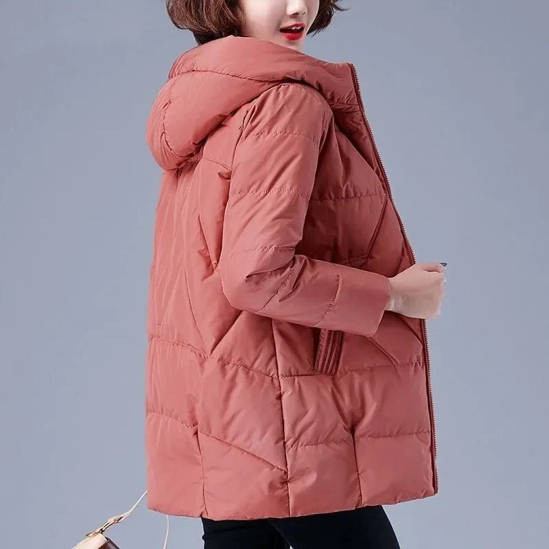 Mom Oversize 4xl Hooded Winter Coat Mid Length Parkas Women Casual Zipper Warm Quilted Cotton Jacket Basic Snow Wear Outwear