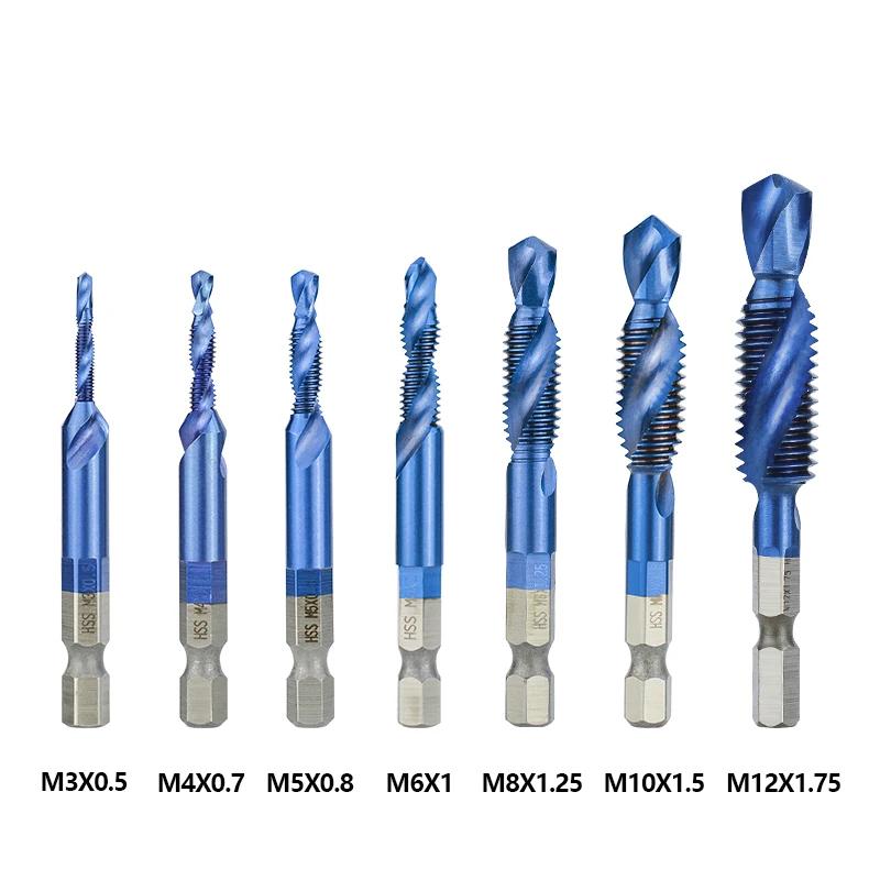 XCAN Combined Tap and Drill Hex Shank 7pcs M3/M4/M5/M6/M8/M10/M12 Metric Tap Drill Bit Screw Tap Hand Threading Tool