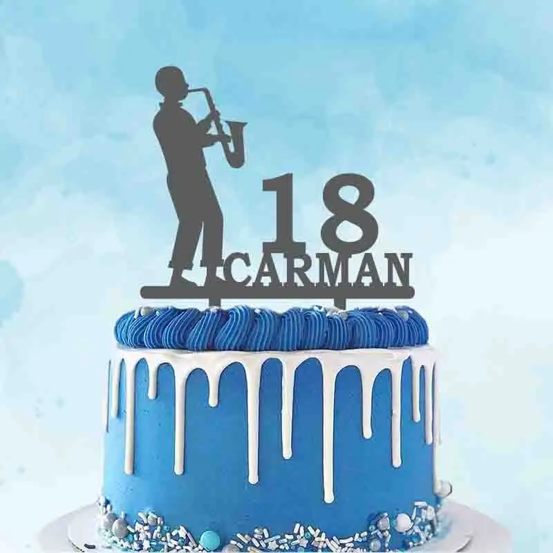 Personalized Music Party Cake Topper Custom Name Age Man Playing Saxophone For Music Birthday Party Cake Decoration Topper YC174