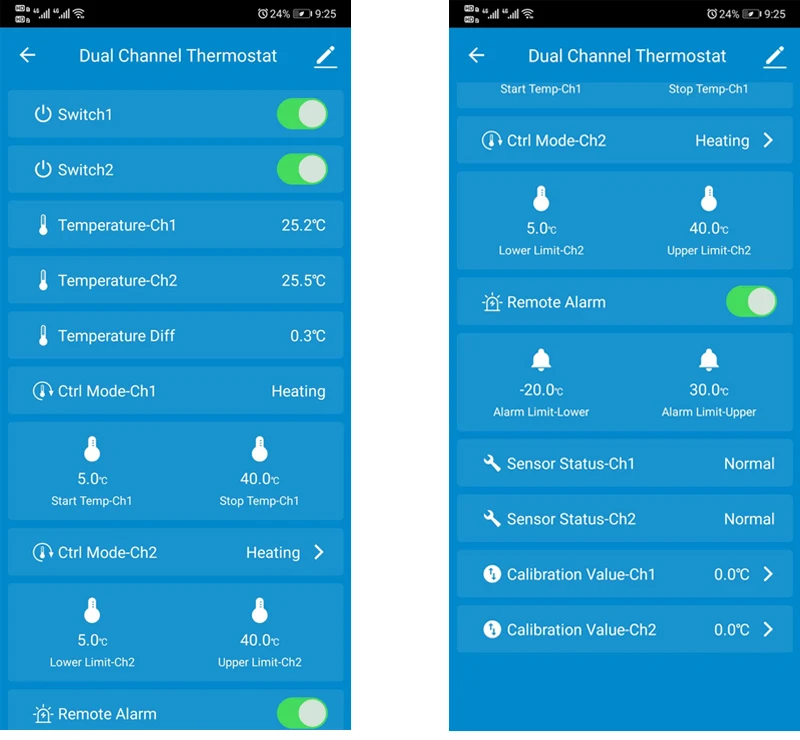 WIFI mobile phone APP remote dual-channel thermostat intelligent heating and cooling temperature difference temp. controller