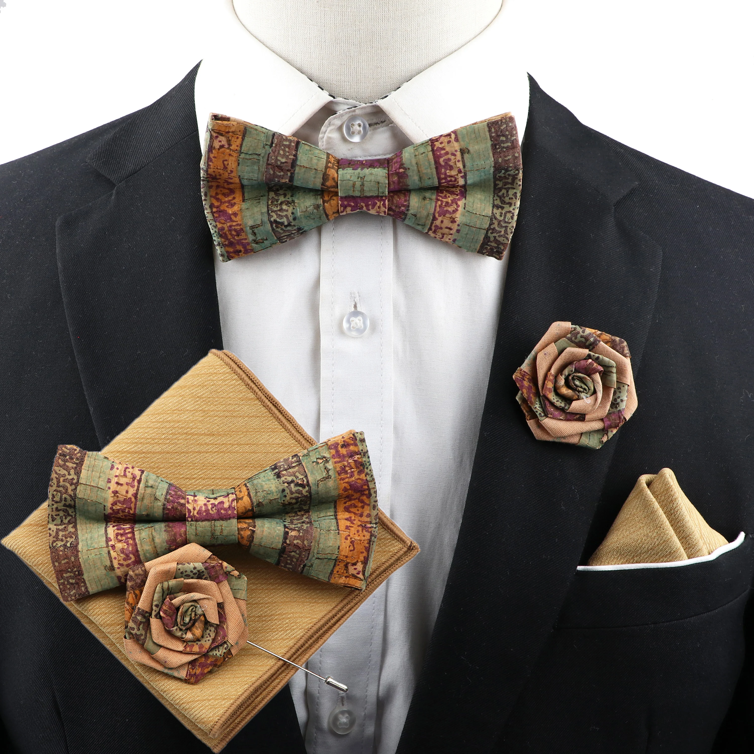 New Cork Wood Bow Tie Set Men\'s Novelty Handmade Floral Solid Color Bowtie Brooch For Groom Wedding Party Retro Suit Accessories