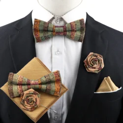 New Cork Wood Bow Tie Set Men's Novelty Handmade Floral Solid Color Bowtie Brooch For Groom Wedding Party Retro Suit Accessories