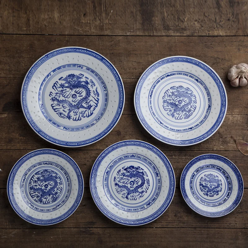 

6-10 inch Jingdezhen Retro Blue and White Porcelain Dragon Dinner Plates Ceramics Dish Steak Plate Food Holder Kitchen Tableware