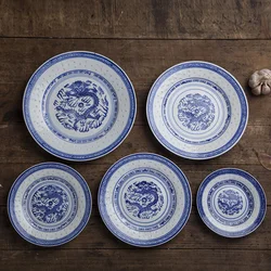 6-10 inch Jingdezhen Retro Blue and White Porcelain Dragon Dinner Plates Ceramics Dish Steak Plate Food Holder Kitchen Tableware