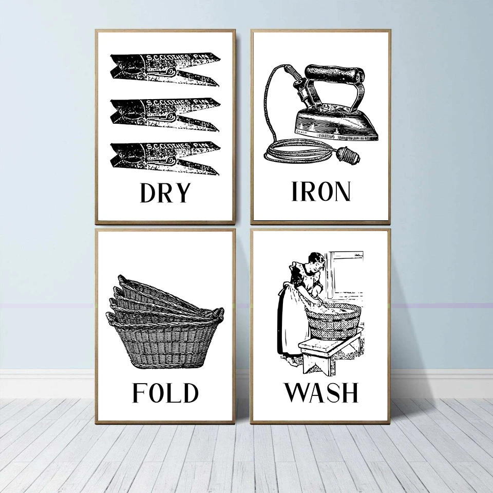 Vintage Laundry Room Wall Prints Wash Dry Fold Iron Posters Art Qoute Canvas Painting Nordic Bathroom Wall Decoration Pictures