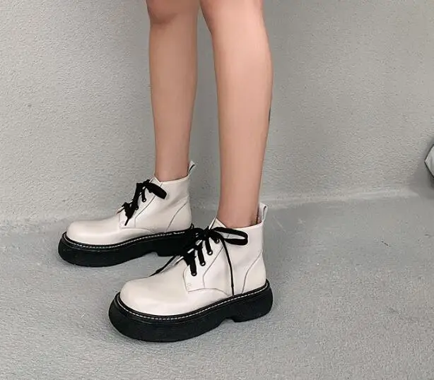 

Beige Green Cow Leather 50 MM Heels Leisure Lace Up Ankle Boots Woman Round Toe Thick Sole Platform Short Boots Lady