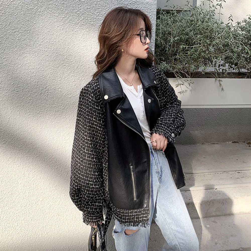 Leather Jacket Women Fashion Chic Spring Fall New Style Small Fragrant Wind Tweed Stitching PU Leather Jacket Loose Short Jacket