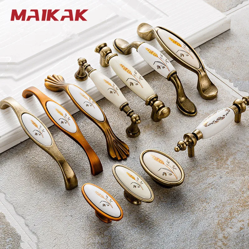 Antique Bronze Ceramic Cabinet Handles Zinc Alloy Drawer Knobs Pulls Wardrobe Door Handle European Furniture Handle Hardware