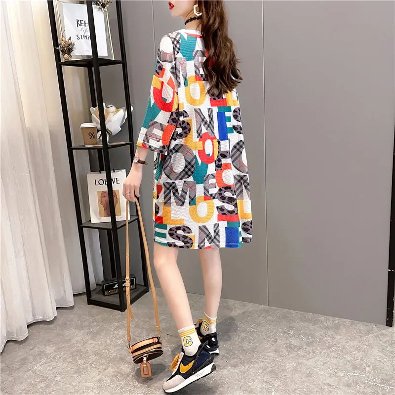 Summer T-Shirt Dress Female Fashion Short-Sleeved Mesh Ice Silk Loose Dresses Lady Digital Printing Half-Sleeve Tops Clothes