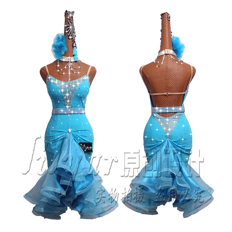 New Latin Dance Dress Latin Skirt Competition Dress Costumes Performing Dress Sparkly Rhinestones Customize Adult Kids Blue Red