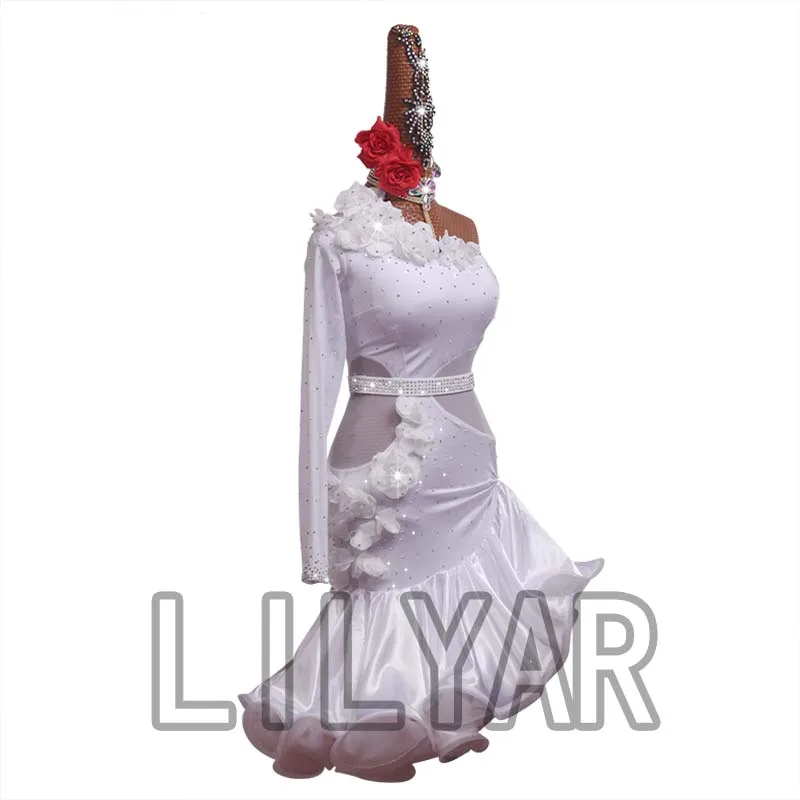 Latin Dance Dress Latin Skirt Competition Dress Costumes Performing Dress Practice Skirt Customize Adult Kids Lady White Flower1