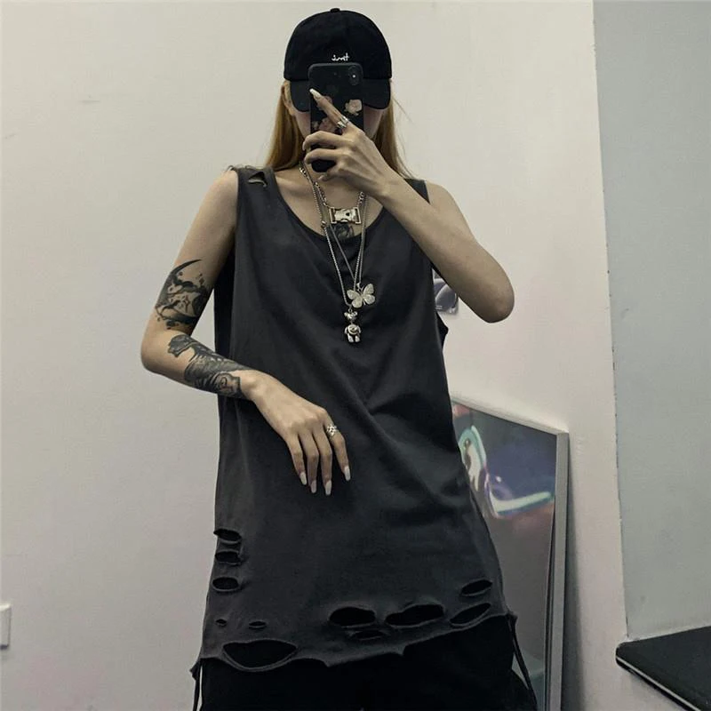 Summer Harajuku Hip Hop Ripped Hole Women Vest Beggar Outfit Loose Oversized Tank Top Sports T Shirt Streetwear Black Gray White