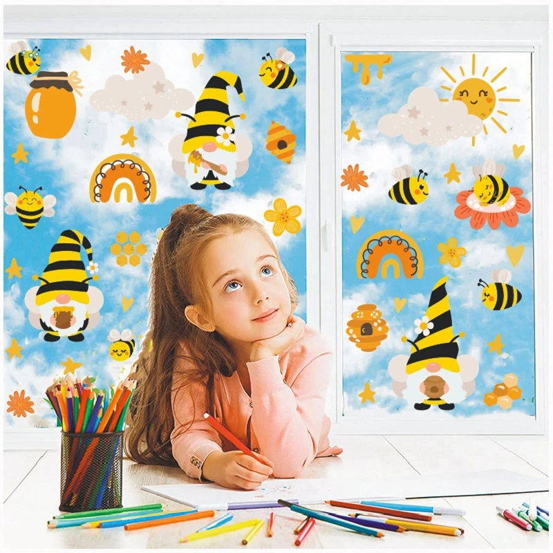 Honey Bumble Bee Gnome Window Clings Glass Wall Stickers Decals Decor for Spring Home Office Party Supplies