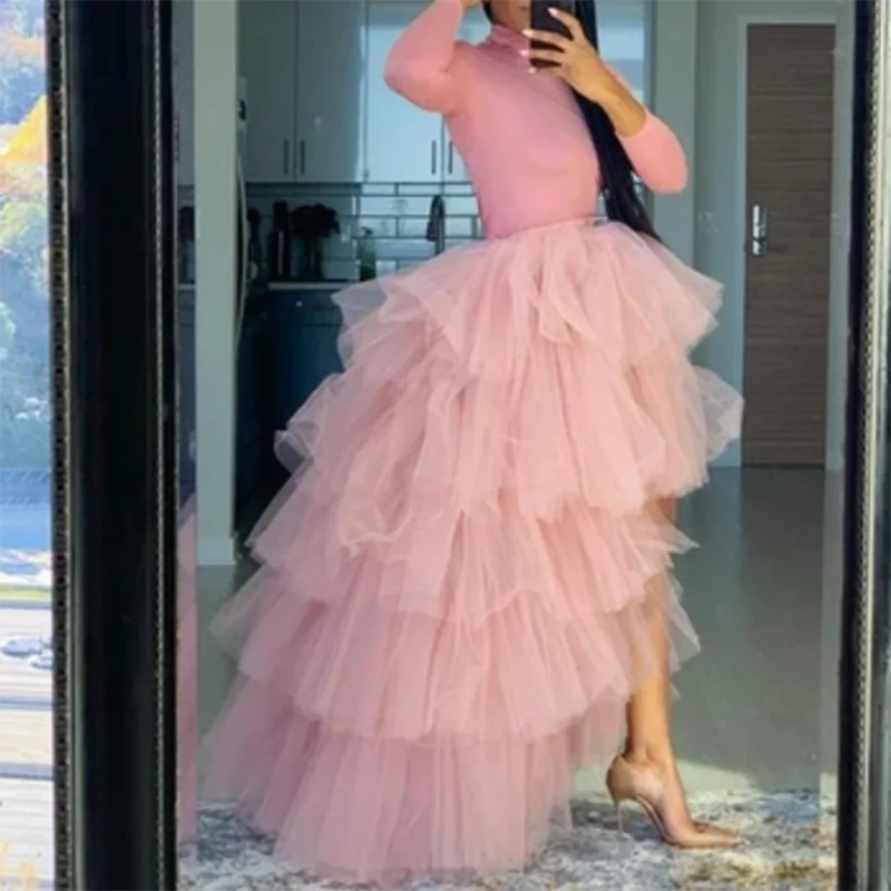 

Lovely Pink Hi Low Puffy Long Formal Skirt Fashion Tiered Ruffle Tulle Skirts Asymmetrical Party Skirt Custom Made