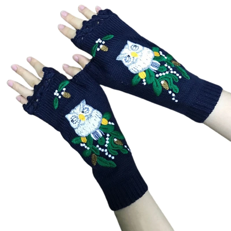 

Women Winter Knit Lengthen Wrist Fingerless Gloves Colorful Animal Embroidery Crochet Thumbhole Mittens Arm Warmers