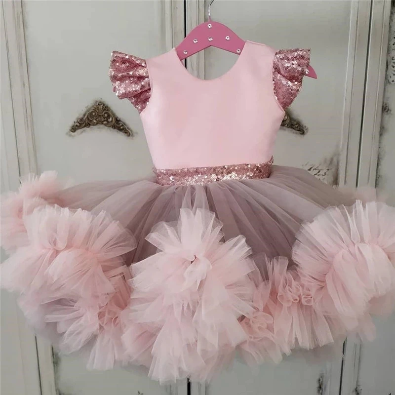 Rosa Baby Mädchen Kleider Knie Länge Puffy Kleinkind Infant Geburtstag Kleider Tutu Blume Mädchen Kleider Mit Pailletten Bögen