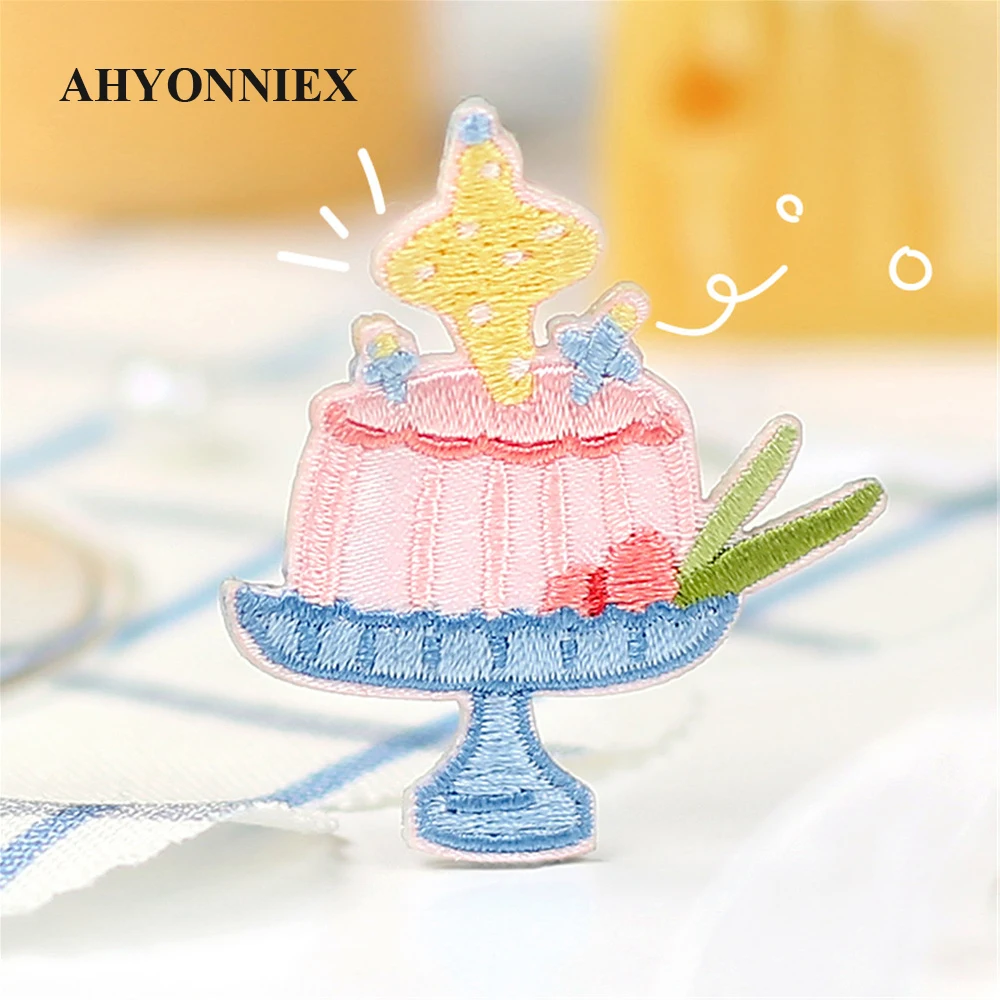 AHYONNIEX 1 Piece Bear Cake Dessert Embroidery Repair Patches Bag Jeans Cartoon Iron On Patches for Handbook Small Glue Sticker